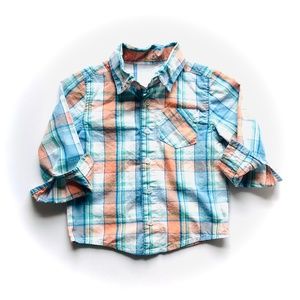 Nursery Rhyme | Blue & Orange Plaid Button-Up 24m